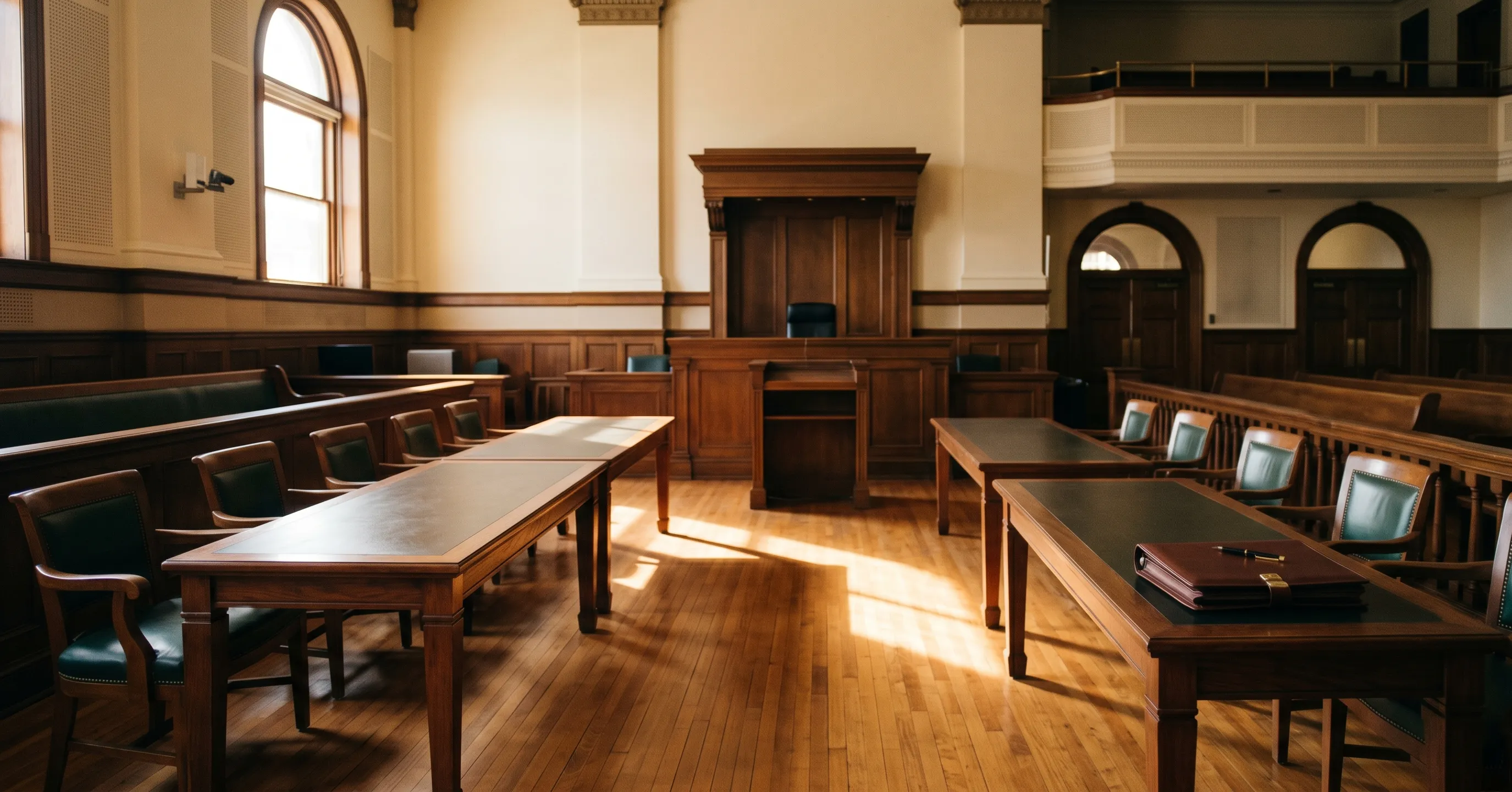 An empty wood-panelled BC-style courtroom with arched windows, polished counsel tables, and the judge's bench in the background, lit by natural side light.