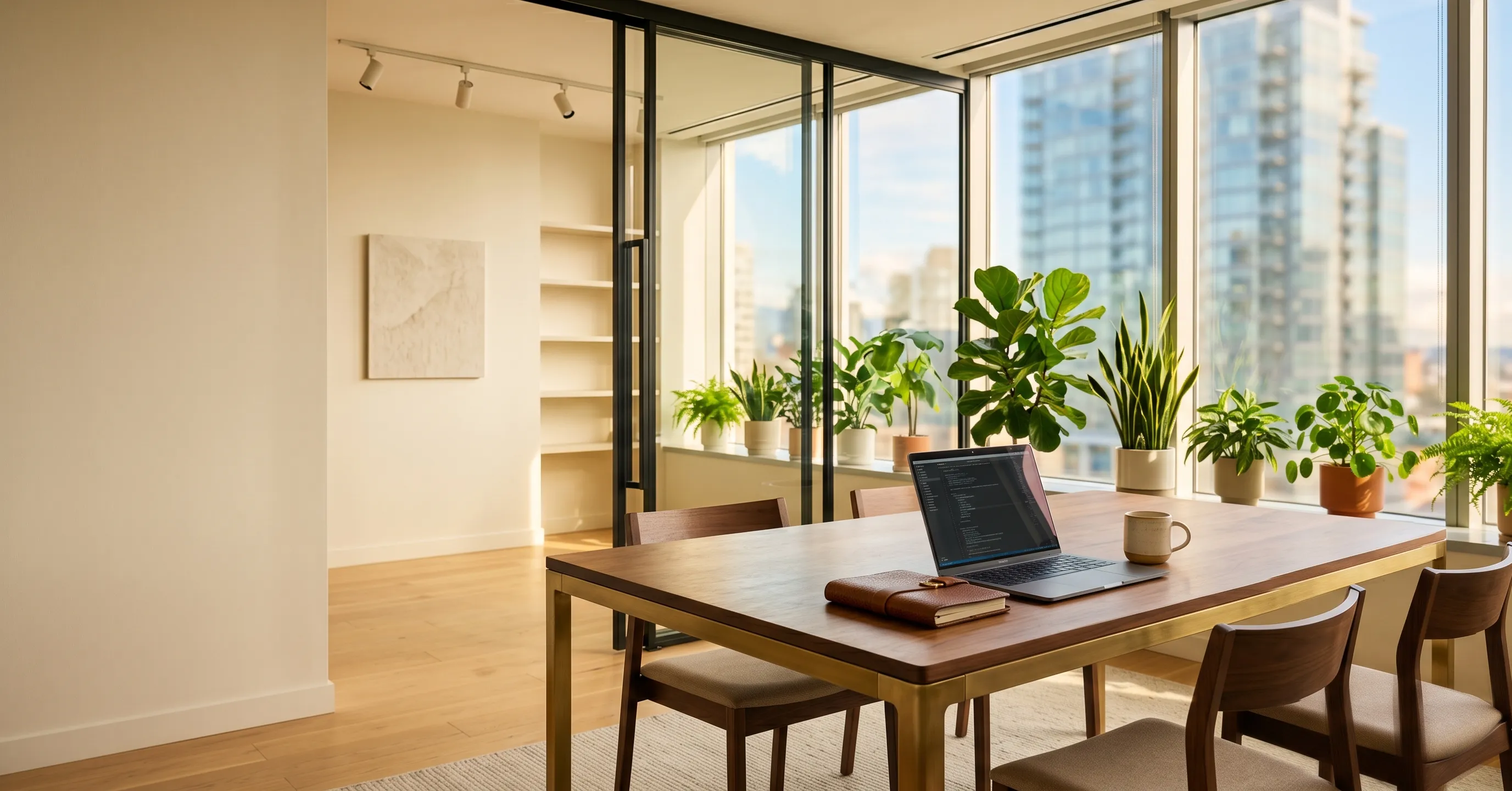 A modern Vancouver office with a wooden conference table, an open laptop, plants by a tall window, and the city skyline beyond.