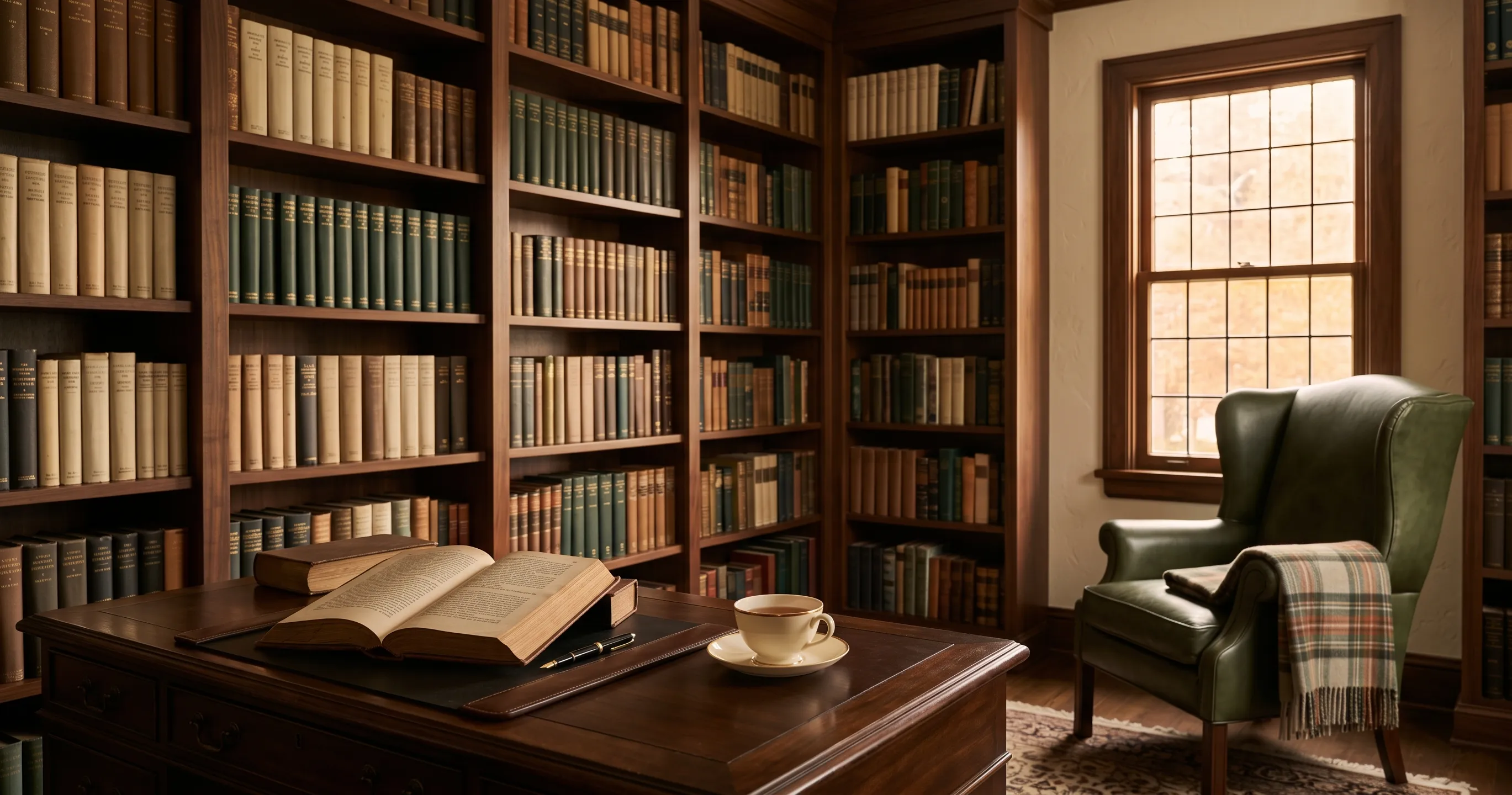 A wood-panelled study with floor-to-ceiling bookshelves, a writing desk with an open book and a tea cup, and a green leather wing-back armchair by a tall window in soft afternoon light.