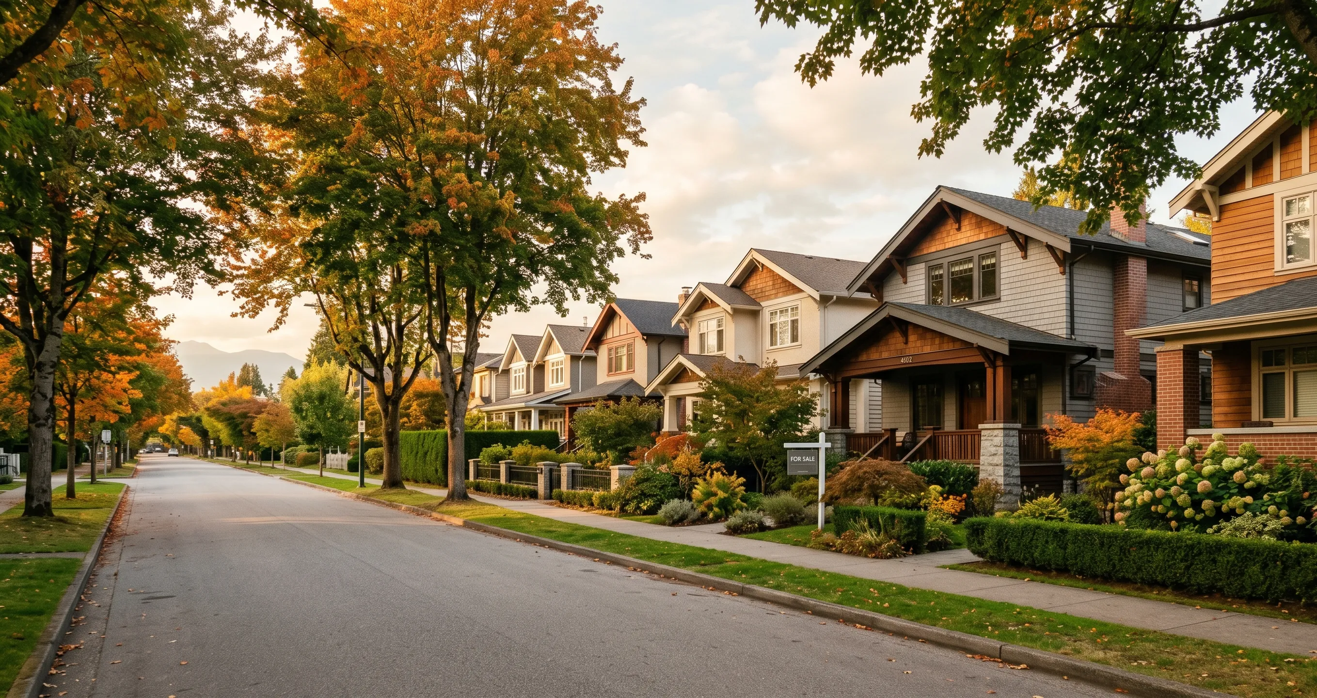 A residential street in Vancouver in autumn — craftsman-style homes lining a quiet sidewalk under mature trees in late afternoon light.