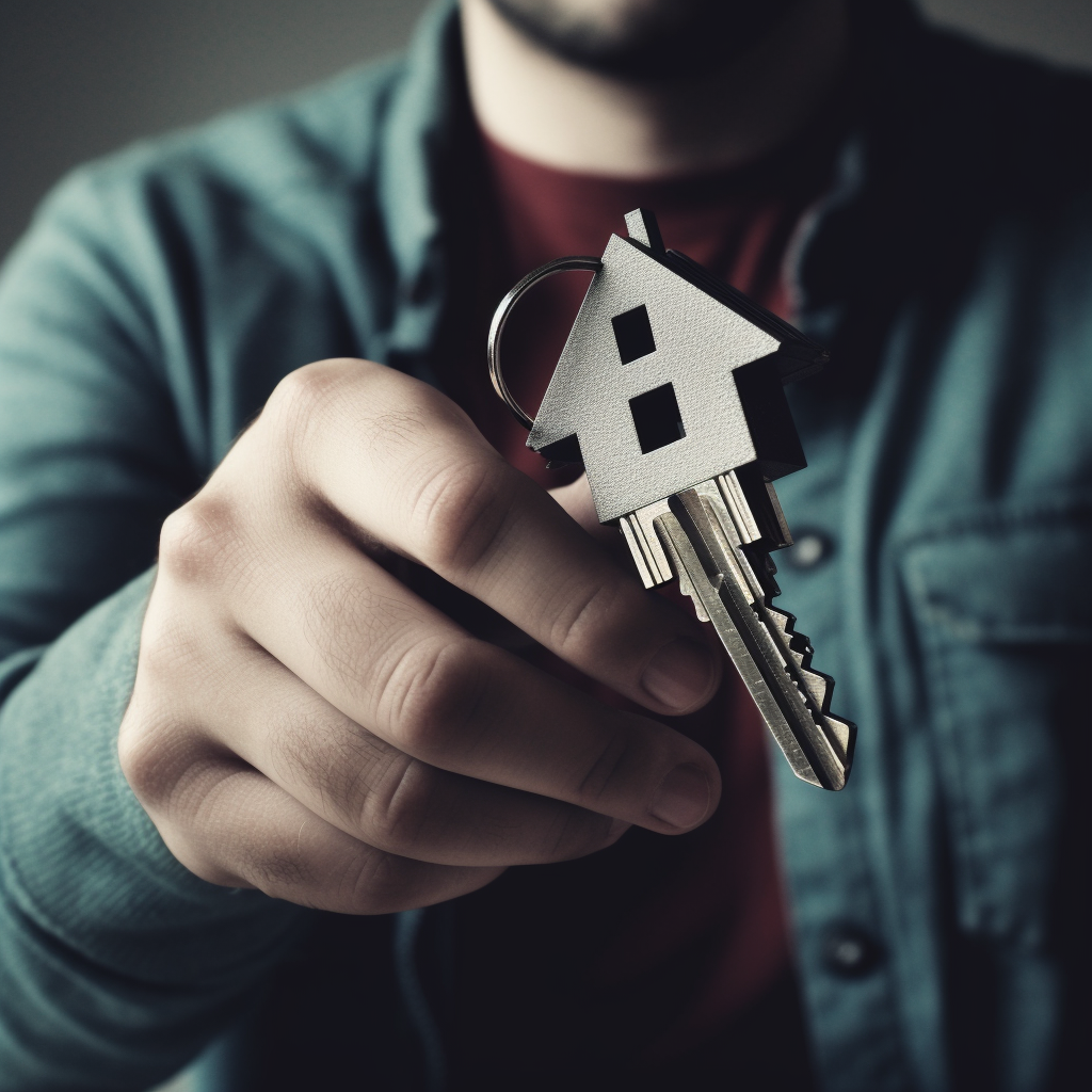 Man conducting a property transaction, with one handing over a house-shaped keychain.
