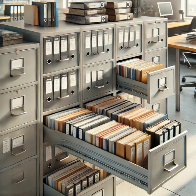 Filing cabinet with organized folders representing corporate record-keeping.