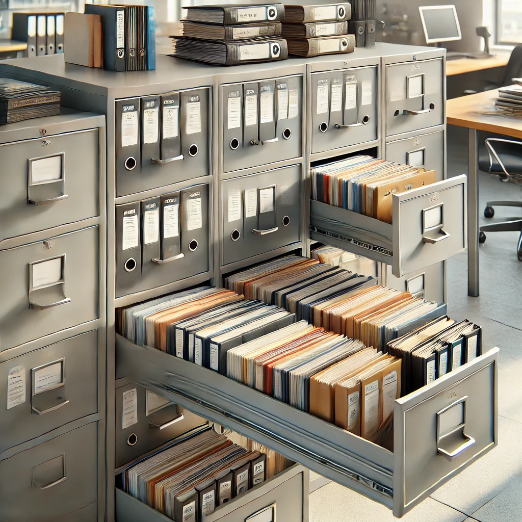 Filing cabinet with organized folders representing corporate record-keeping.