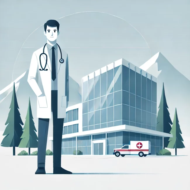 A confident doctor standing outside a modern hospital with an ambulance parked in the background, symbolizing professional healthcare in British Columbia.