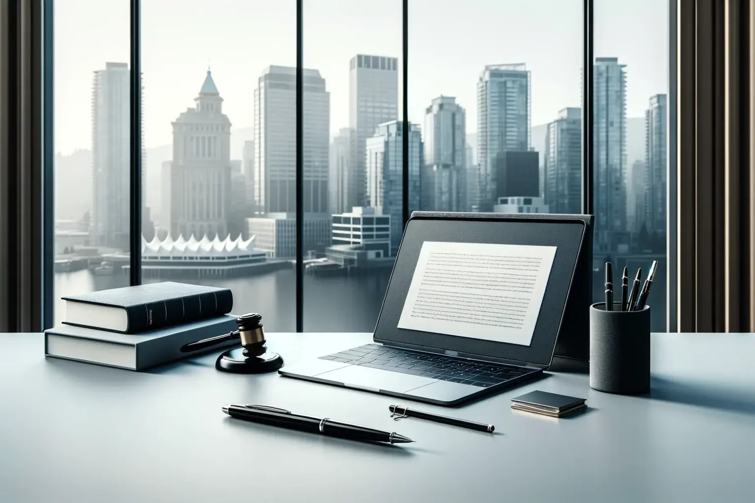 DALL·E 2024-01-03 20.23.45 - A minimalistic and clean design for a Business Law Services website section, featuring a modern desk with a thin laptop opened to a legal document. Be