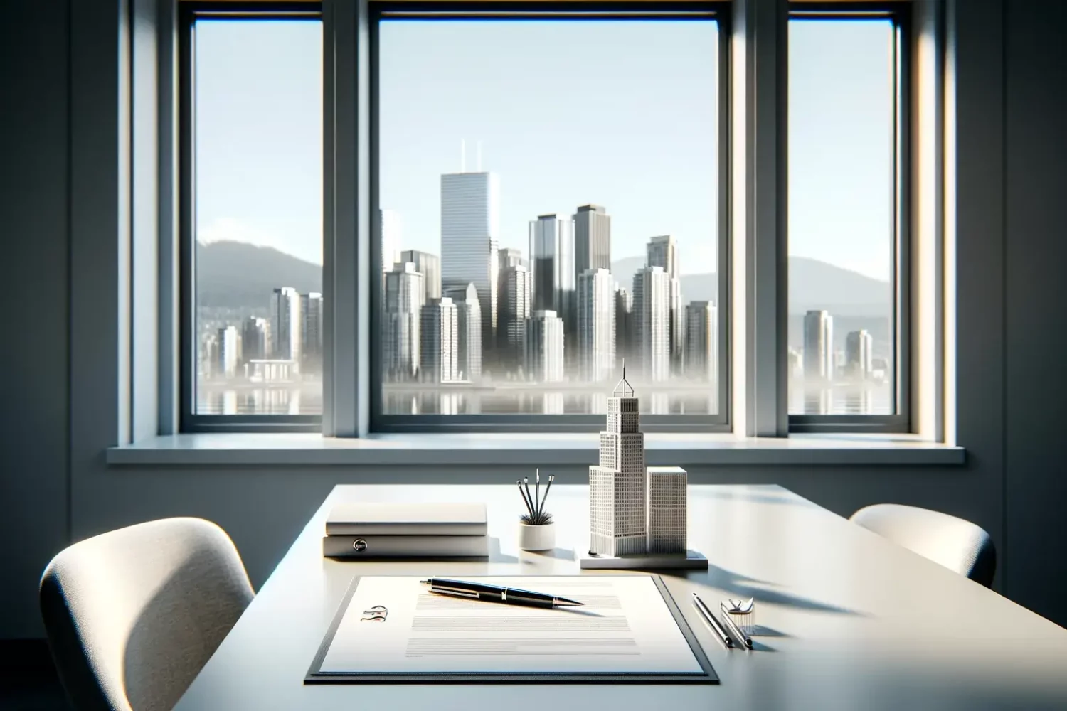 DALL·E 2024-01-17 12.41.49 - A minimalistic and clean design for the Corporate Services section of a website, focusing on a Vancouver skyline view. The image should feature a mode